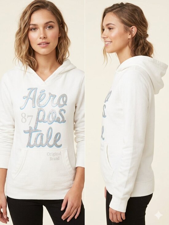 Aeropostale Tops - Aeropostale White Pullover Hoodie Sweatshirt with Pocket - Size Medium
